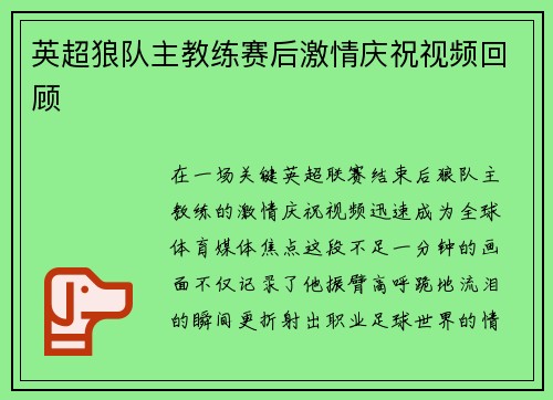 英超狼队主教练赛后激情庆祝视频回顾