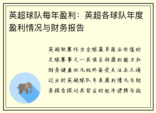 英超球队每年盈利：英超各球队年度盈利情况与财务报告